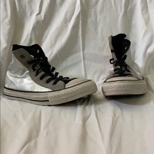 Silver Converse high tops with white polka dots